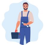 Repairman or mechanic with a toolbox. Man character in uniform with wrench in his hand. Vector illustration